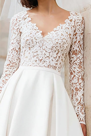 A-Line V-Neck Ivory Applique Midi Engagement Dress
